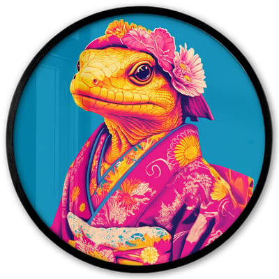 Poster in lijst Rond - Fotolijst 40x40 cm - Posters - Bloemenkrans - Hagedis - Kimono - Paars - Ronde posterlijst zwart - Decoratie - Wanddecoratie woonkamer - Muurdecoratie slaapkamer