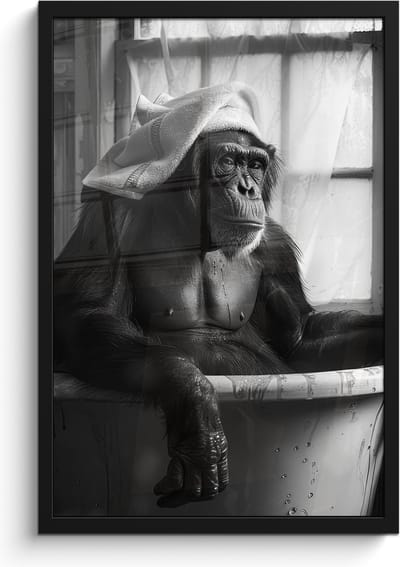Poster in lijst - Fotolijst 40x60 cm - Posters - Aap - Dier - Bad - Zwart - Wit - Humor - Posterlijst zwart - Wanddecoratie badkamer - Muurdecoratie WC - Decoratieve accessoires - Toilet muur decoratie