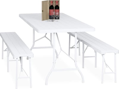 biertafel set - inklapbaar - 3-delig - met banken - kunststof - campingtafel - wit