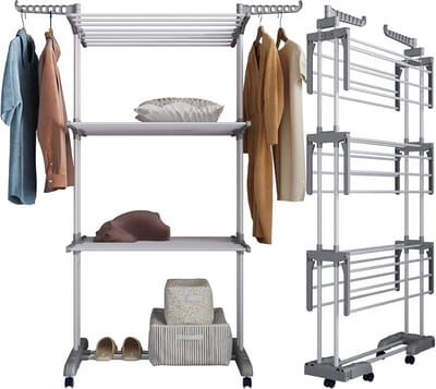 Droogrek met wieltjes, multifunctioneel, 4 etages, wasrek, toren, inklapbaar, staande droger, wasrek, ruimtebesparende vleugels, voor binnen en buiten (licht grijs)