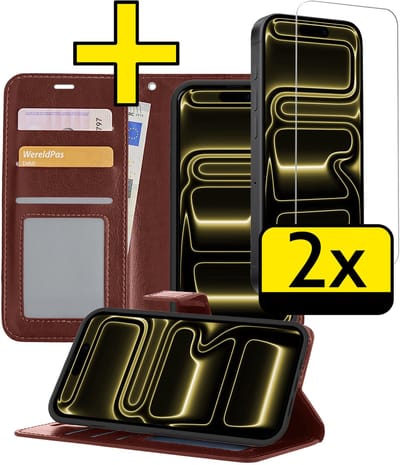 Hoesje - Met 2x Screenprotector - Geschikt voor Apple iPhone 17 Pro - Luxe Pasjeshouder - Bookcase Portemonee - Flip Case - Kunstleer Book Case - Flipcase Hoes - Book Cover - Walletcase - Portemonneehoes - Telefoonhoesjes - Bruin