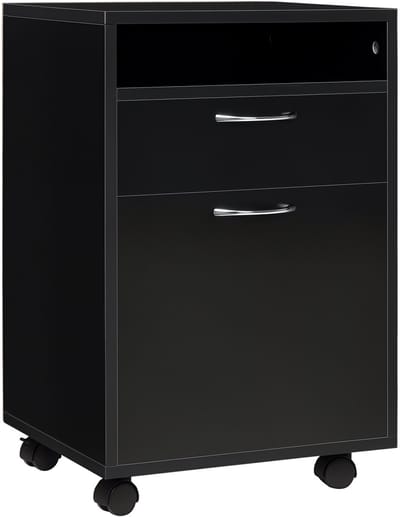 Verrijdbare Container Met Lade En Plank – 1 Vak + 1 Plank + 1 Lade, 40 x 30 x 60 cm, Zwart