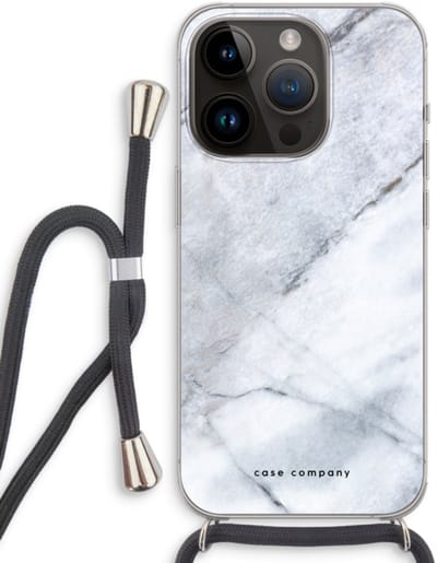 Case Company® - Hoesje met koord geschikt voor iPhone 14 Pro hoesje met Koord - Witte marmer - Telefoonhoesje met Zwart Koord - Bescherming aan alle Kanten en Over de Schermrand