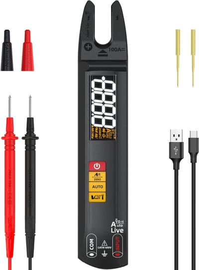 Mini multimeter digitaal volautomatisch met open ampèremeter wisselstroom gelijkstroom spanning weerstand continuïteit fasezoeker oplaadbaar met verlengde sonde
