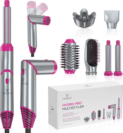 VENEUX® 6 in 1 Föhnborstel - Airstyler - Krulborstel - Multistyler - Diffuser Föhn - Grijs / Roze