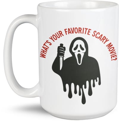What’s Your Favorite Scary Movie? Horror Mok – Extra Grote 15oz / 445 ml Keramische Koffiemok – Grappige Halloween Mok met Iconisch Slasher Masker & Druipend Design – Perfect Cadeau voor Horror Fans, Thrillerliefhebbers & Halloween