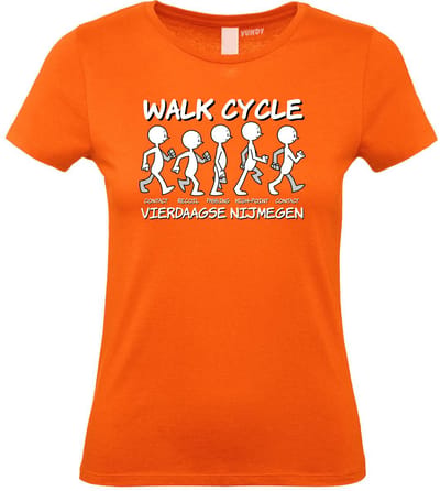 Dames t-shirt Walk Cycle | Vierdaagse shirt | Wandelvierdaagse Nijmegen | Roze woensdag | Oranje | maat XS