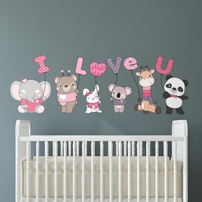 Muurstickers - KIND, DIEREN EN BALLONNEN, IK HOU VAN JOU - Zelfklevende stickers - 120x80cm
