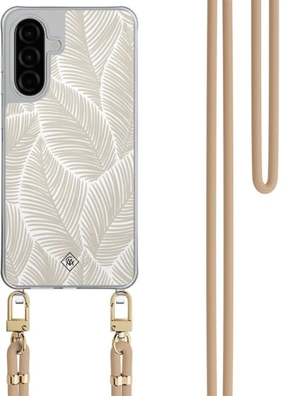 Casimoda® hoesje met beige koord - Geschikt voor Samsung A26 - Palm Leaves Beige - Afneembaar koord - TPU/polycarbonaat - Bruin/beige