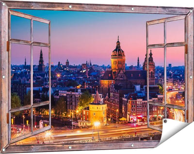 Gards Tuinposter Doorkijk Amsterdam Skyline bij Zonsondergang - 120x80 cm - Tuindoek - Tuindecoratie - Wanddecoratie buiten - Tuinschilderij