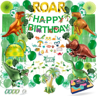 Fissaly 116 Stuks Dinosaurus Jungle set Versiering – Dino – Safari Thema Feest Decoratie - Slingers, Ballonnen & Accessoires