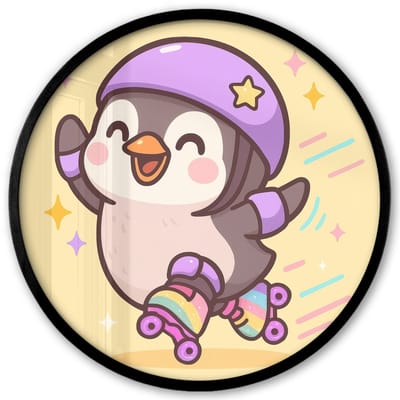 Poster in lijst Rond - Fotolijst 40x40 cm - Posters - Pinguïn - Rolschaatsen - Geel - Energiek - Ronde posterlijst zwart - Decoratie - Wanddecoratie woonkamer - Muurdecoratie slaapkamer