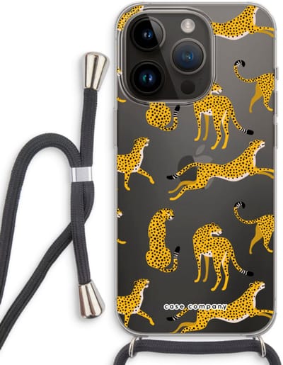 Case Company® - Hoesje met koord geschikt voor iPhone 14 Pro hoesje met Koord - Luipaard - Telefoonhoesje met Zwart Koord - Bescherming aan alle Kanten en Over de Schermrand