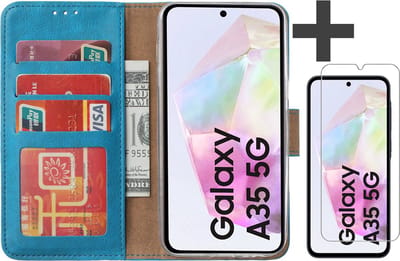 Hoesje met Screenprotector Geschikt voor Samsung Galaxy A35 – Arara bookcase met pasjeshouder - Blauw
