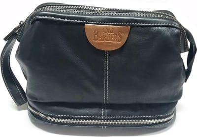 Old Barbers zeer Luxe Lederen Toilettas met Dubbele Bodem & Beugelsluiting - Zwart - ( afmeting: 28 x 15 x 20 cm ).