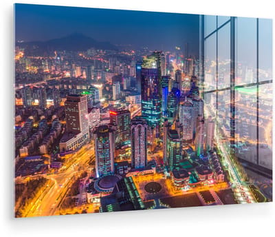 ® Glasschilderij 180x120 cm - Schilderij acrylglas - Gekleurde wolkenkrabbers in Qingdao in de nacht - Foto op glas - Muurdecoratie woonkamer - Wanddecoratie slaapkamer - Schilderijen