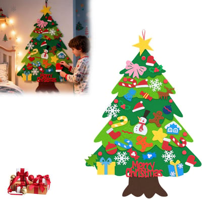 DIY-pakket voor een vilten kerstboom voor kinderen, 36-delig, vilten kerstboom 100 cm om te knutselen en te decoreren, kerstversiering voor muur en deur, hangende decoratie, pompontype