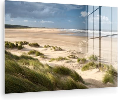 MuchoWow® Glasschilderij 150x100 cm - Schilderij acrylglas - Zand - Duin - Zee - Foto op glas - Muurdecoratie woonkamer - Wanddecoratie slaapkamer - Schilderijen