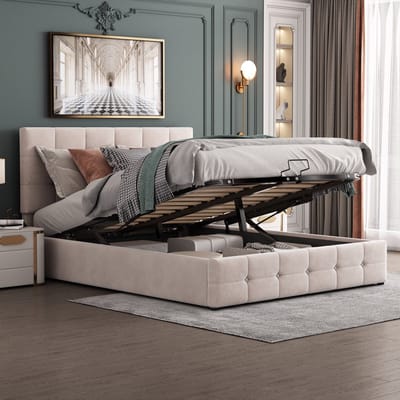 MODFU Bedframe 140x200 cm – gestoffeerd fluweel crème wit – met hydraulische opbergruimte en verstelbaar hoofdbord