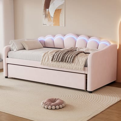 REDOM Ledikant 90x200 cm – Met Uittrekbed En LED Verlichting – Kinderbed Voor Slaapkamer En Logees – Velvet Bekleding En MDF – Roze