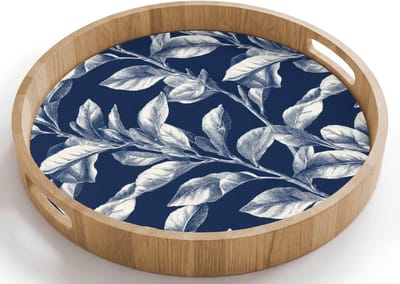 Dienblad rond 40x40 cm - Schootdienblad hout - Botanisch - Patroon - Blauw - Borrelplank rechthoek - Plateau houten dienbladen