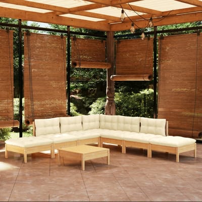 vidaXL - 8-delige - Loungeset - met - crèmekleurige - kussens - grenenhout