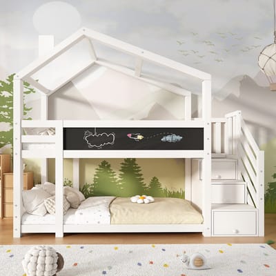 DESMIU Boomhut Stapelbed 90 x 200 cm – Kinderstapelbed Met Opbergruimte En Schoolbord – Veilig Klimmen Voor 2 Kinderen – Wit – Zonder matras