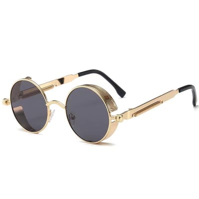 Retro ronde gepolariseerde steampunk zonnebrillen, unisex, veiligheidszonnebrillen - 2 paar (goudkleurig montuur, grijze glazen)