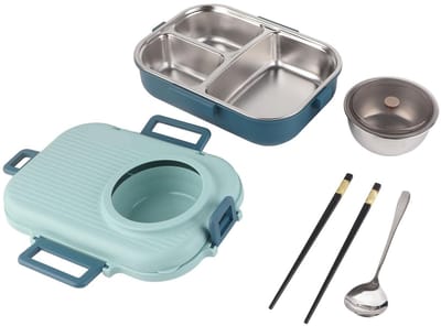 Dailygoods- Thermische Container 1100 ml - Roestvrij Stalen - Dubbellaags - 3 Vakjes - Thermisch Geïsoleerd - Ideaal voor Eten - Lunchbox
