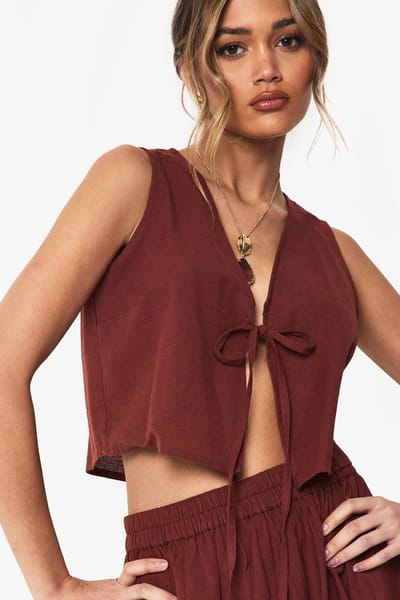 boohoo Dames Linnen look tie-front crop en maxi rok co-ord | Rust | Maat: 6