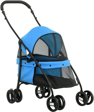 PawHut Hundebuggy Hundewagen mit Kissen Meshfenster, Klappbar Katzenwagen bis 10 kg mit 2 Sicherheitsleinen, Hundetrolley, Oxford-Gewebe, Blau