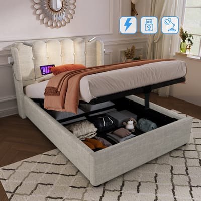 SINGULARITY-Gestoffeerd bed eenpersoonsbed leeslamp met hoofdbord opbergruimte bedframe linnenstof jeugdbed 90x200- naturel met matras