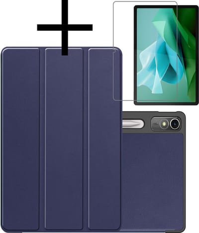 Hoes - Geschikt voor Lenovo Tab P12 - Met Screenprotector - Trifold Bookcase - Hard Cover Case - Met Uitsparing Geschikt voor Lenovo Pen - Hardcover Book - Tablet Hoesje - Donkerblauw