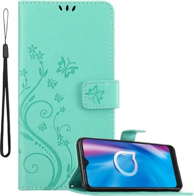 Cadorabo Hoesje geschikt voor Alcatel 1S 2020 in BLOEMEN TURKOOIS - Beschermhoes in bloemmotief met magnetische sluiting, standfunctie en kaartsleuven Book Case Cover Etui