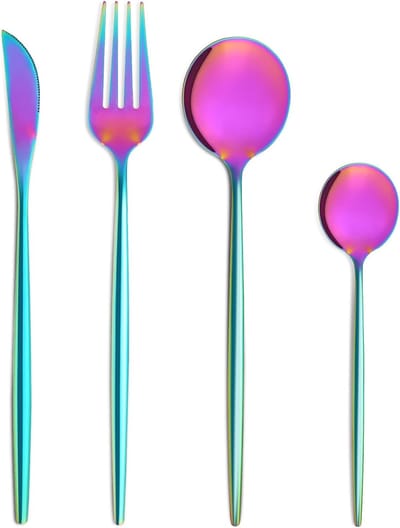 Candala Regenboog bestekset voor 6 personen, 24-delig, roestvrij staal, kleurrijk, eetbestekset met mes, vork, lepel, hoogwaardig roestvrij stalen bestek, vaatwasmachinebestendig.