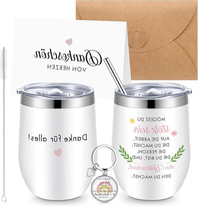 Afscheidscadeau inclusief sleutelhanger - Thermobeker 300 ml met deksel en rietje - Wenskaart en envelop - Werkcadeau voor collega's - Kerstcadeau .