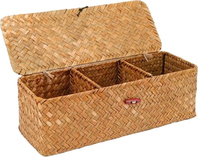 32.5x12x11cm Natuurlijke Opbergmand, Zeegrasmanden Gevlochten Mand, Geweven Rieten Mand met Deksel 3 Compartimenten, Natuurlijke Rechthoekige Mand voor Badkamer Woonkamer Slaapkamer