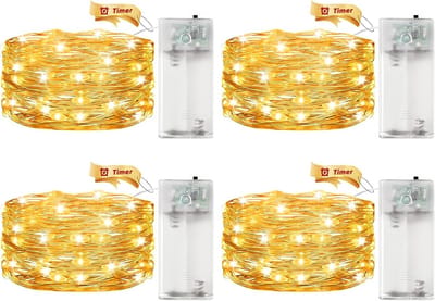 4x LED Sprookjeslichtjes op Batterijen met Timer 2 Meter Warm Wit Koperdraad Decoratie