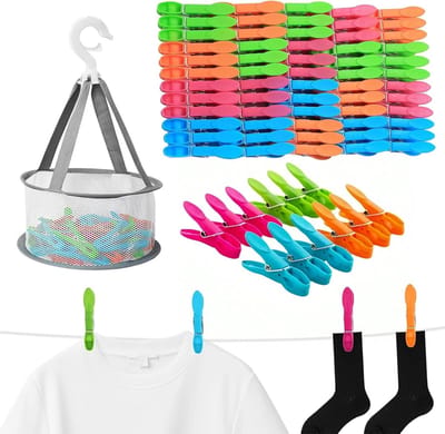 Kleurige Winddichte Kledingknijpers met Mand - 48 Stuks, Ideaal voor Waslijnen, Sokken en Handdoeken, Duurzaam en Praktisch