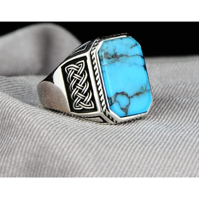 Vintage Turkse Handgemaakte Ottomaanse Zegelring Voor Mannen Vrouwen Oude Koperkleurige Synthetische Turkoois Ring Retro Arabische Sieraden 7 blue