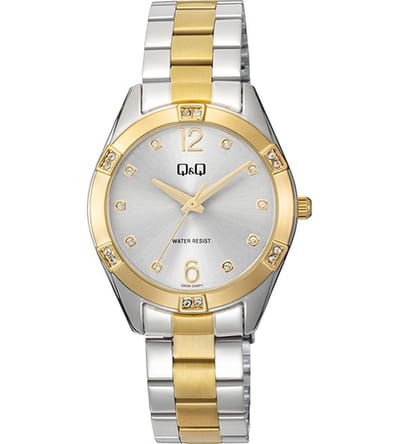 Q&Q Q83B-008PY - Horloge - Polshorloge - Analoog - Dames - Vrouwen - stalen band - Metaal - Overig - Cijfers - Stippen - Briljanten - Zilverkleurig - Goudkleurig