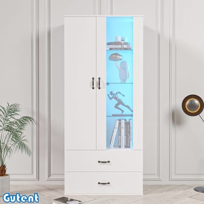Gutent Vitrinekast-16 kleuren LED-verlichting-2 deuren-Vrijstaande vitrinekast-Wit