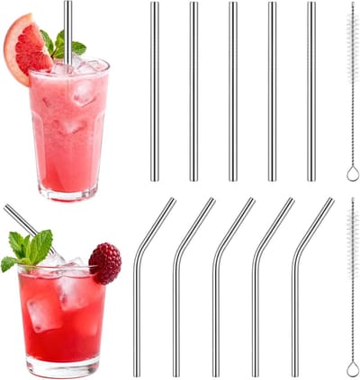 Dailygoods- Rietjes Herbruikbaar - Roestvrij Staal - Metalen Rietjes - Gebogen/Rette Rietjes - 10 Stuks - Inclusief Borstel