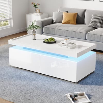 Wishdor Salontafel 95 x 45 x 35 cm van spaanplaat, wit hoogglans met LED-licht, minimalistisch design en 2 lades