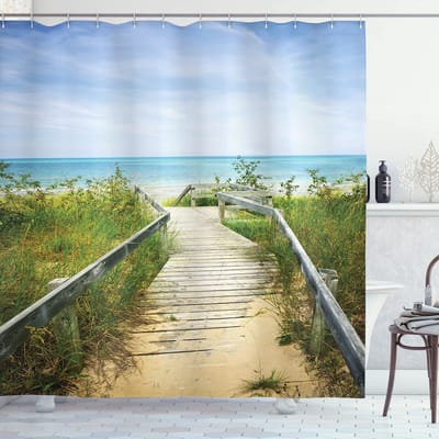 ABAKUHAUS Stranddouchegordijn – Boardwalk over duinen – 175 x 200 cm – Aqua Zand Bruin Groen