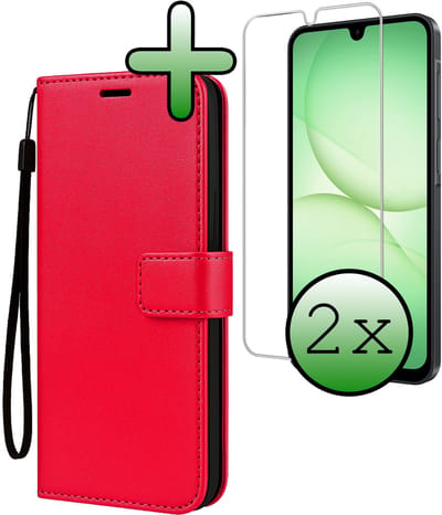 Hoesje Met 2x Screenprotector - Geschikt voor Samsung Galaxy A17 - Luxe Pasjeshouder - Bookcase Portemonee - Flip Case - Kunstleer Book Case - Flipcase Hoes - Book Cover - Walletcase - Portemonneehoes - Rood