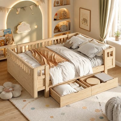 Kinderbed 140x200 cm - Tweepersoonsbed - Vloerbed - Multifunctioneel bed - Massief houten bedframe - Met veiligheidsleuning - Met lades - Natuurlijke houttint