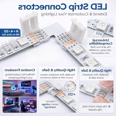 Complete 28-delige LED Strip Connector Set met 4-pins L-vormige en T-vormige stekkers + 20 clips voor 10mm RGB SMD5050 lichtstrips, ideaal voor thuis, kantoor en feesten