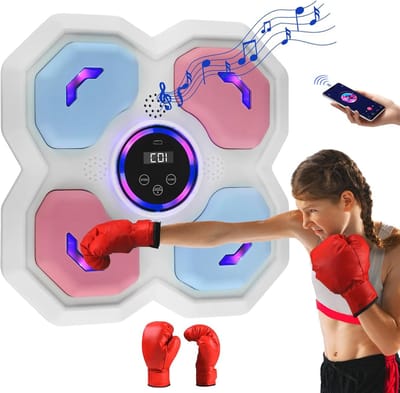 Muziek Boksmachine voor Kinderen – Boksmachine - Wand Boxmachine met Bluetooth & Verlichting – Oplaadbaar – 3 Snelheidsniveaus – Inclusief Bokshandschoenen – Interactieve Boks Trainer voor Thuis