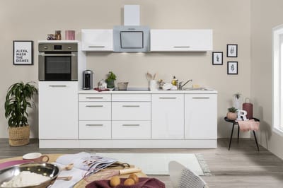 Goedkope keuken 270  cm - complete keuken met apparatuur Amanda  - Wit/Wit - soft close - keramische kookplaat    - afzuigkap - oven    - spoelbak